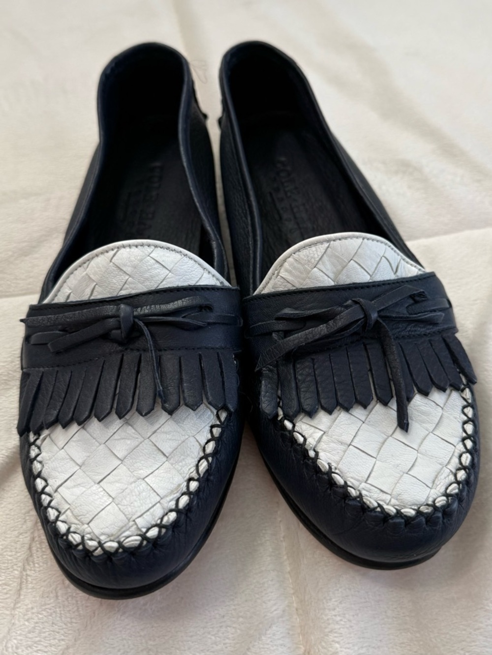 Cole Haan Woven Leather Tassel Loafers Blue White Italy 7.5B